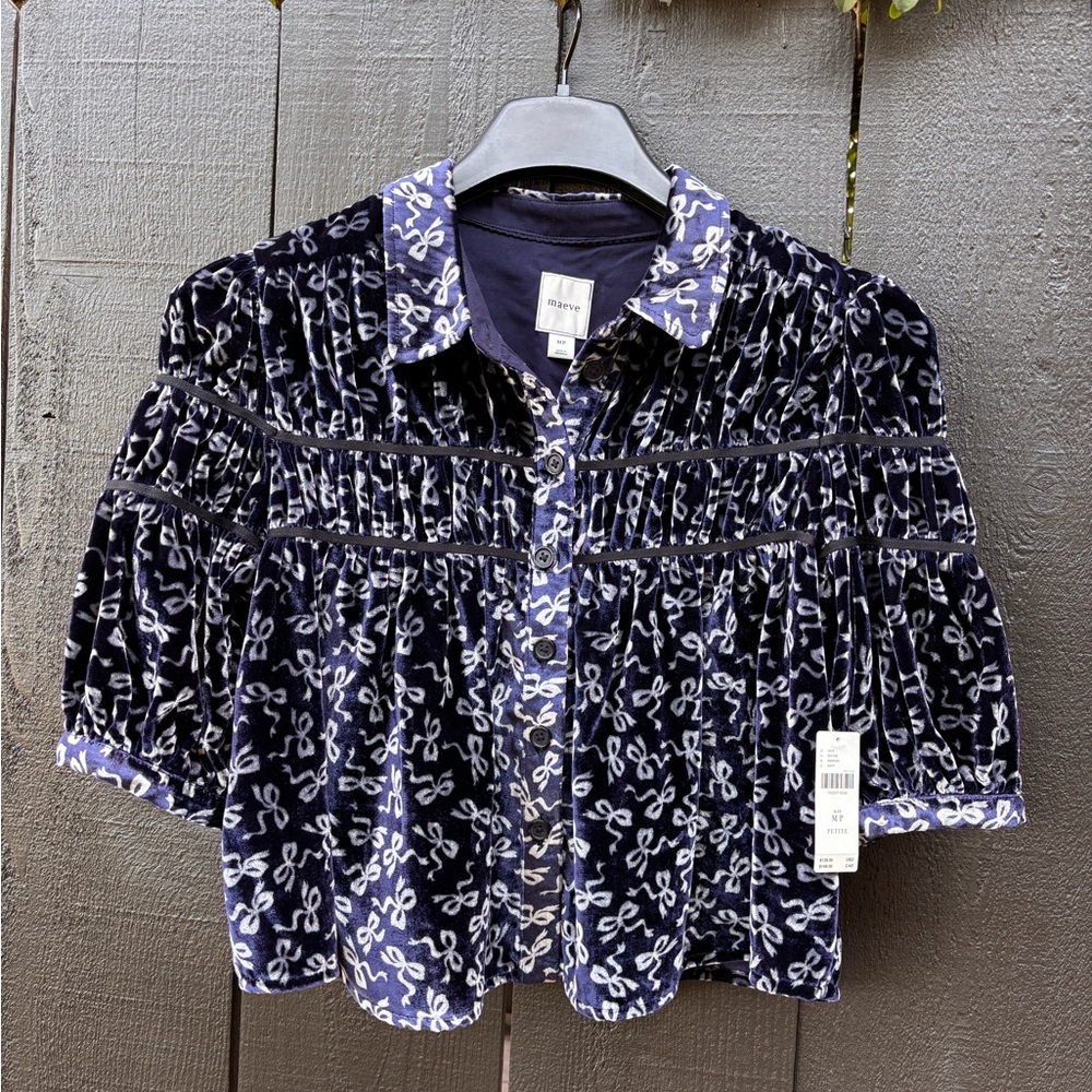 Anthropologie Leandra Velvet Shirred Yoke Blouse by Maeve Size Medium Petite NWT